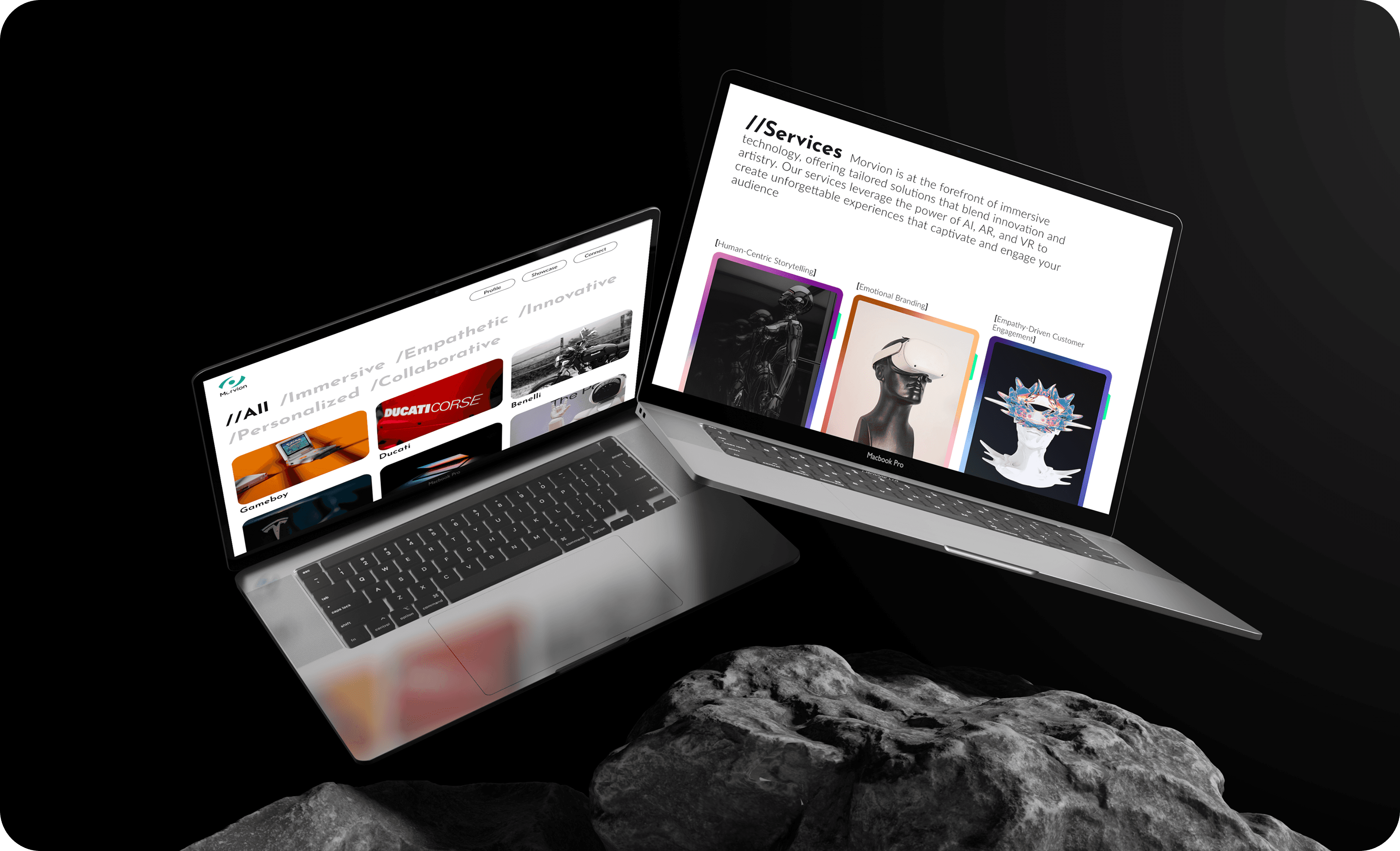 Morvion.com website displayed on two laptops, showcasing their immersive AR and VR storytelling services.