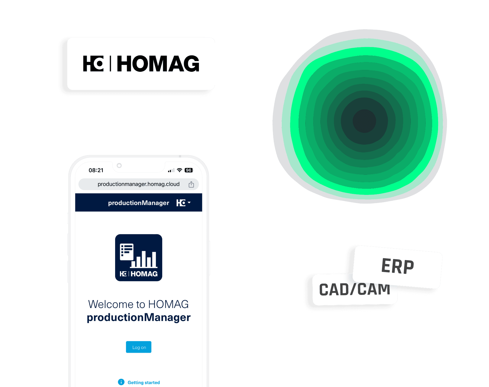 A collage with the HOMAG logo️, the imos logo️, the tapio Keyvisual, and the productionManager's loginscreen to explain ERP and CAD/CAM interfaces.