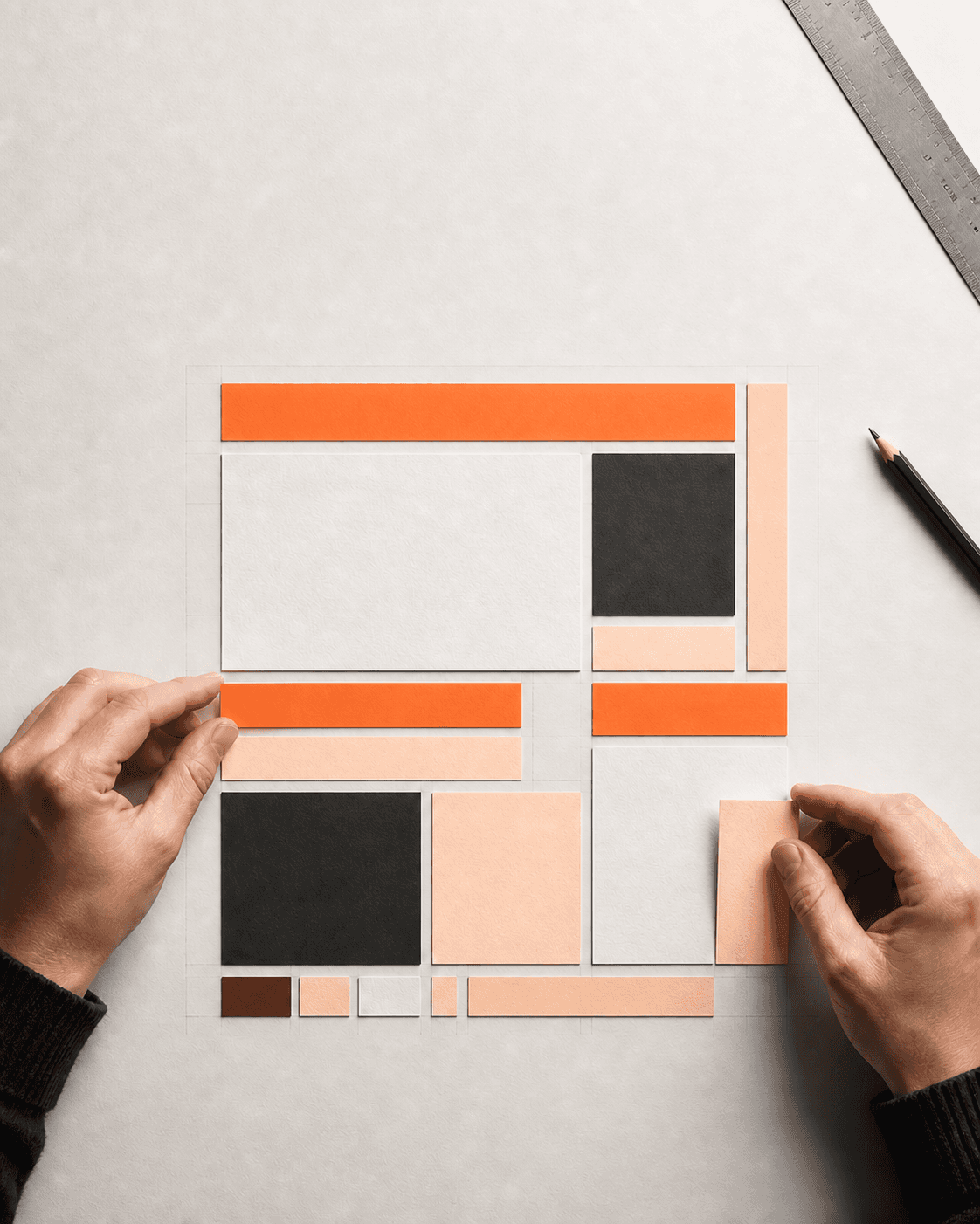 Hände ordnen Papiermodule zu einem Website-Layout in Aprikottönen.