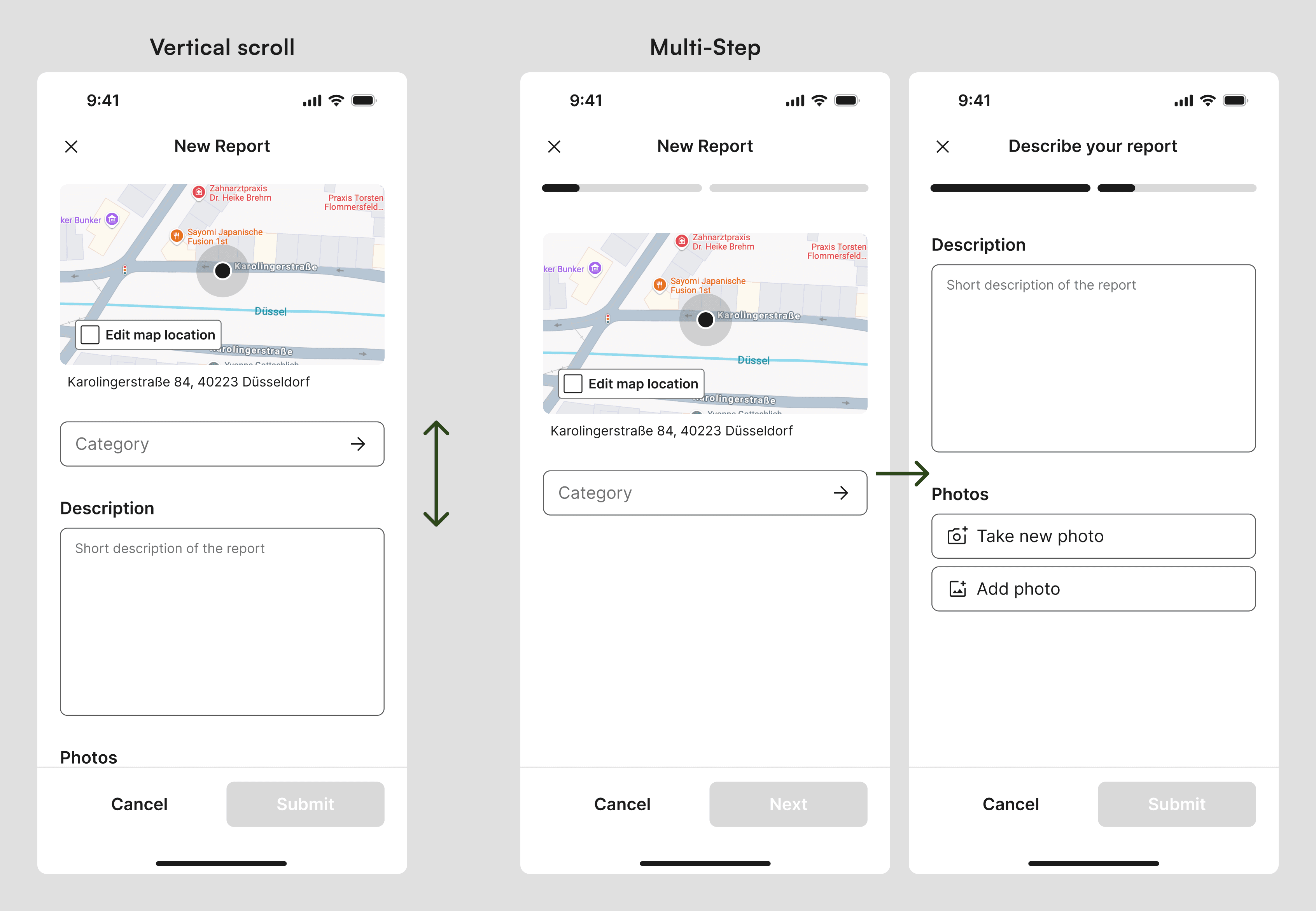 Reporting Problems: Ideating for different form-type: Vertical scroll form or Multi-Step form