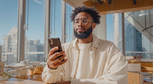 A man sits in a bright, modern cafe with large windows, using a smartphone while wearing a cream-colored jacket and glasses.