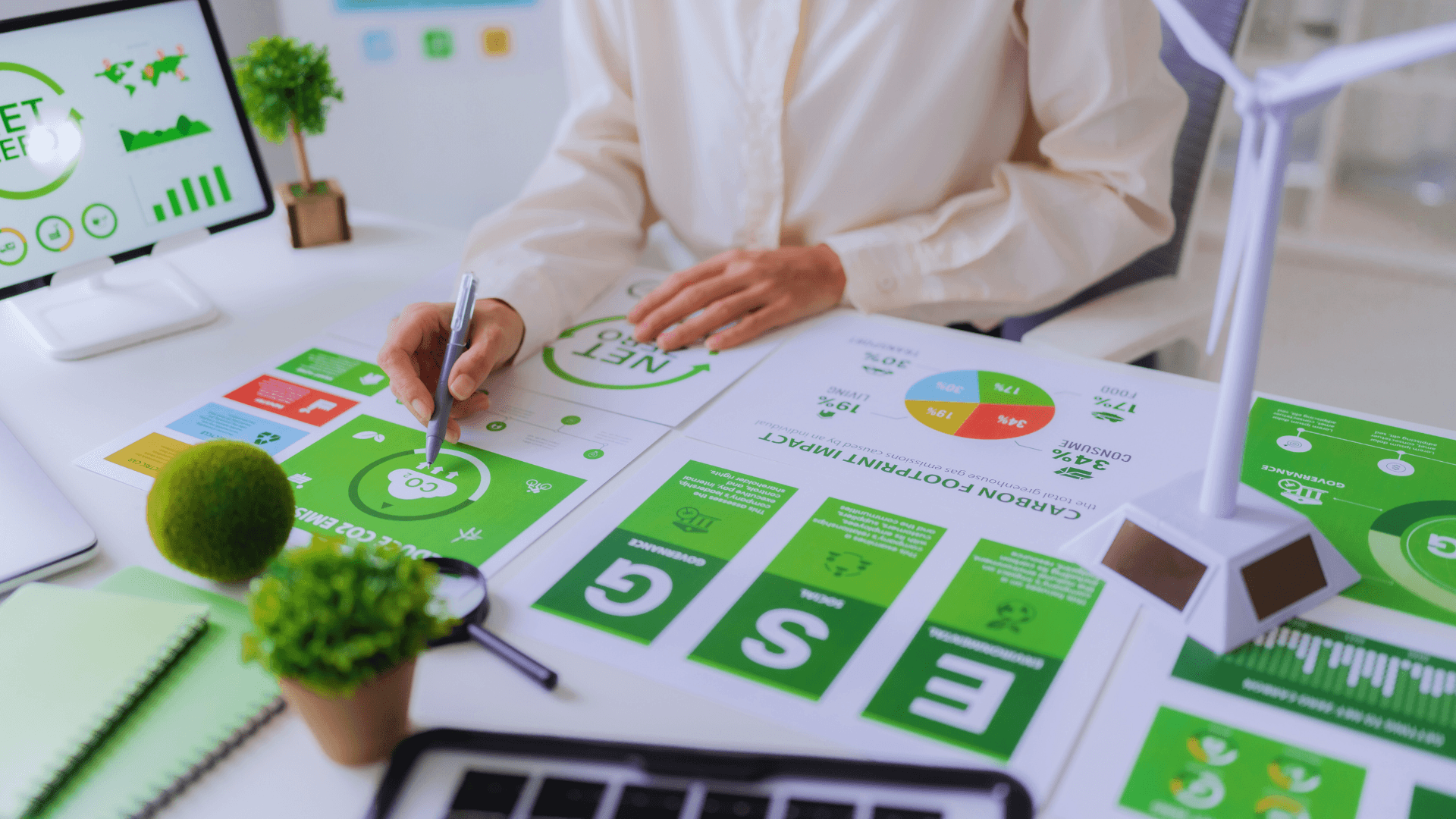 A professional is conducting climate risk analysis on ESG (Environmental, Social, Governance) reporting graphics, carbon footprint data, and a wind turbine model on the desktop.