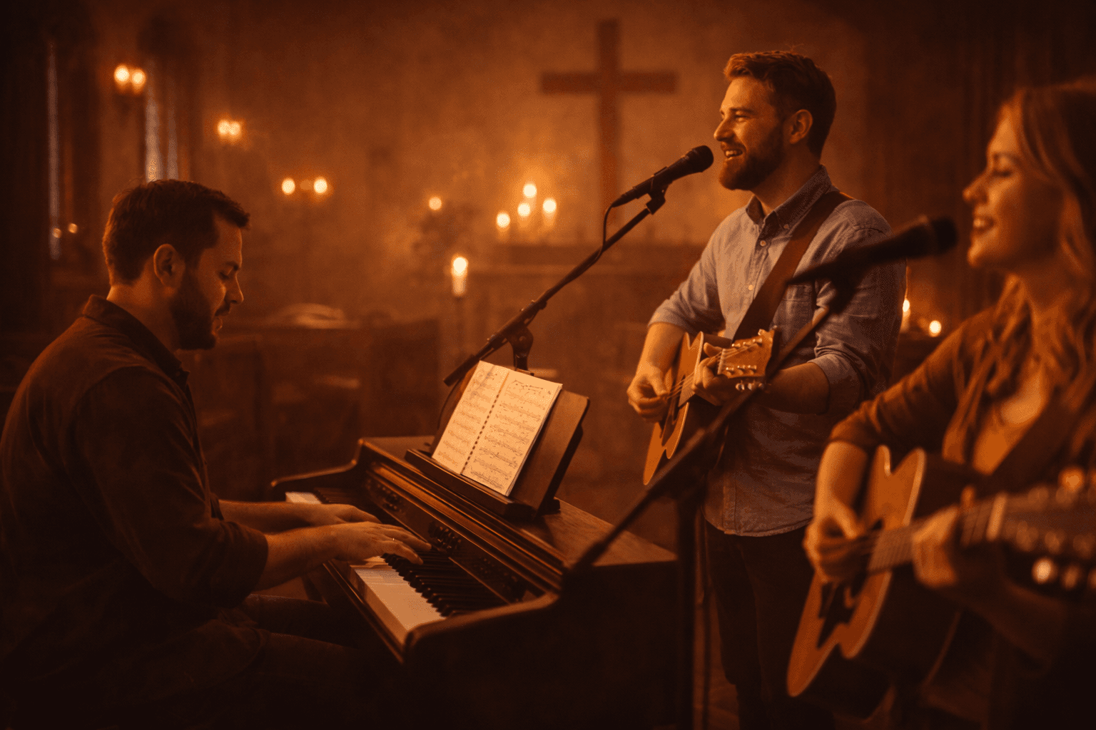 Church worship musicians playing guitar and piano during worship rehearsal under warm stage lighting.