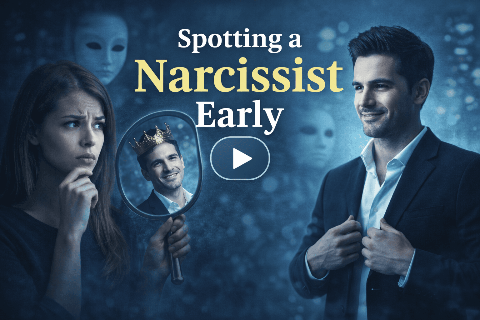 Video thumbnail titled "Spotting a Narcissist Early" featuring a woman observing warning signs and a confident man symbolizing narcissistic personality traits.