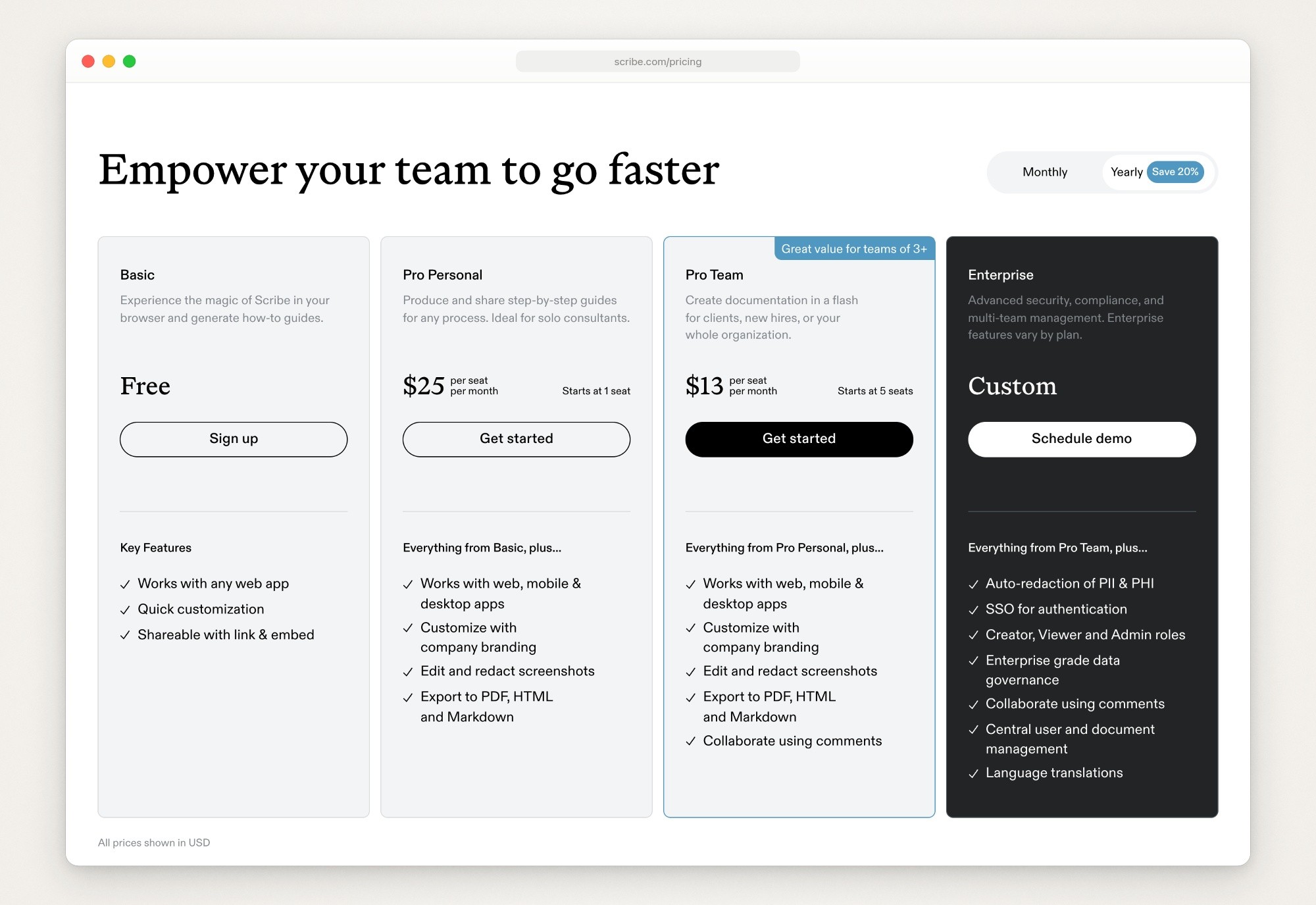 Scribe’s pricing page with Yearly selected: Basic free, Pro Personal at $25 per seat per month starting at 1 seat, Pro Team at $13 per seat per month starting at 5 seats, and Enterprise at a custom price
