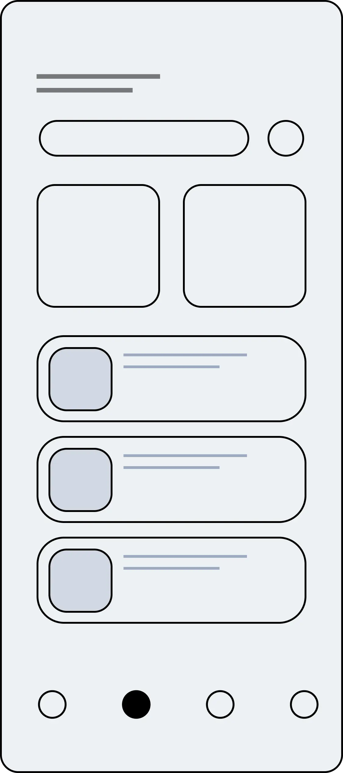 Wireframe of a mobile app screen featuring a search bar at the top, two large featured content cards, and a list of smaller content cards below. Navigation icons are displayed at the bottom.