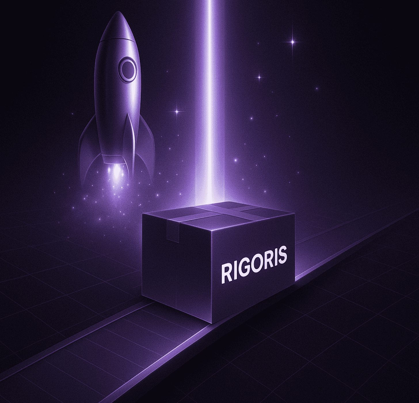 Animated graphic showing glowing purple orbs connected by a light trail, set against a dark background.