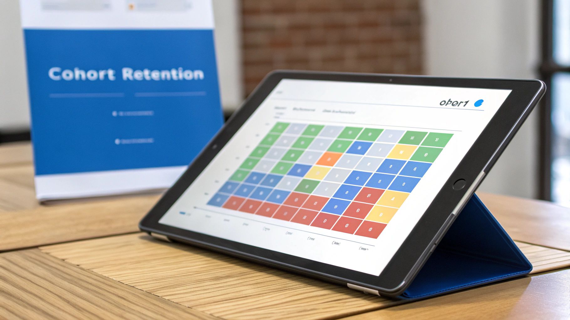 Tablet displaying a colorful data visualization grid for cohort retention on a wooden table.