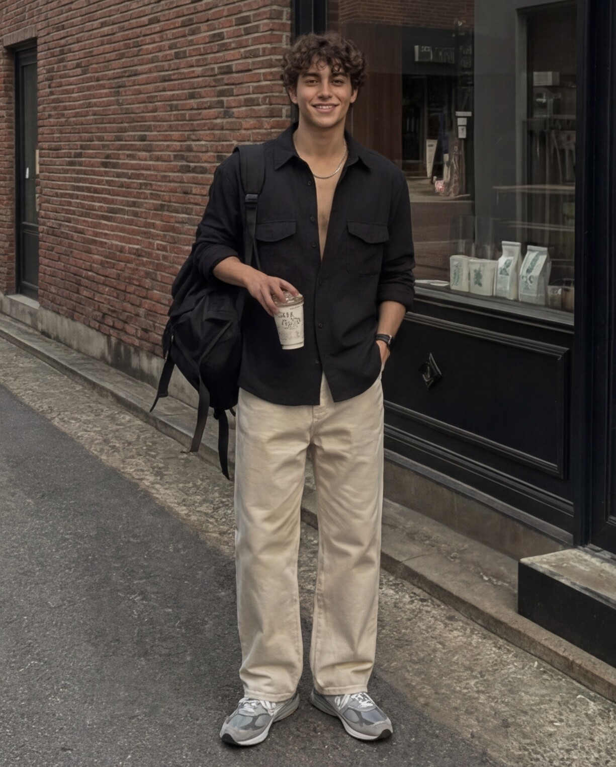 Black Linen Shirt with Beige Relaxed Trousers