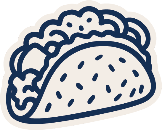 A simple line drawing of a taco filled with ingredients, featuring layers of lettuce and meat.