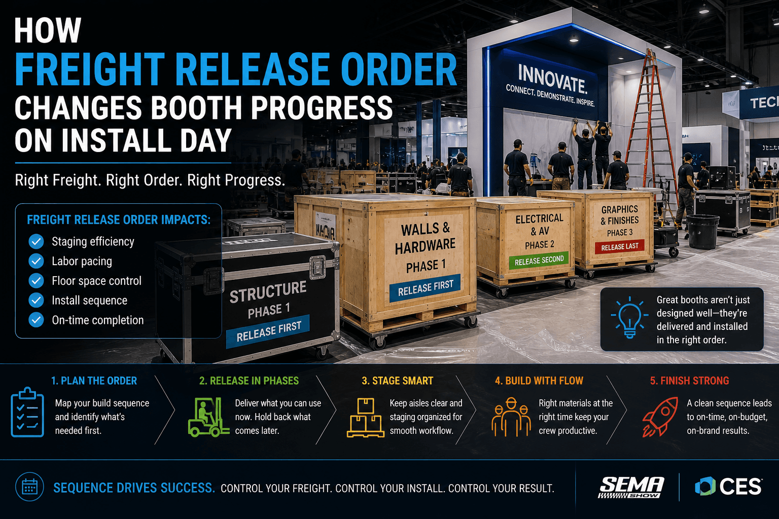 Trade show booth installation infographic showing how freight release order affects staging efficiency, labor pacing, and install progress on setup day