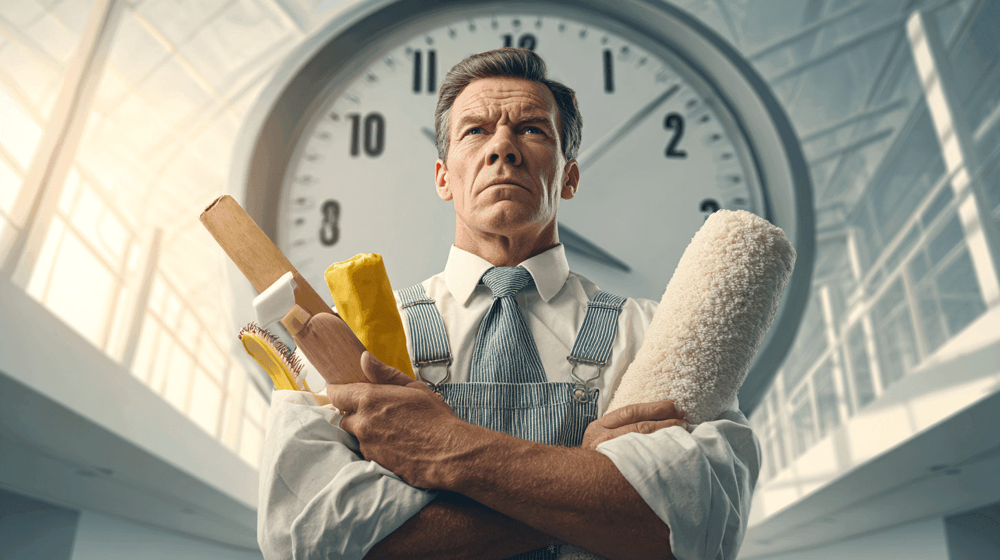 Facility manager in business attire with rolled up sleeves, holding cleaning supplies and checklist, determined expression, empty office lobby at dawn with sunlight streaming in, clock showing 6:30 AM | 2LM Cleaning Utah