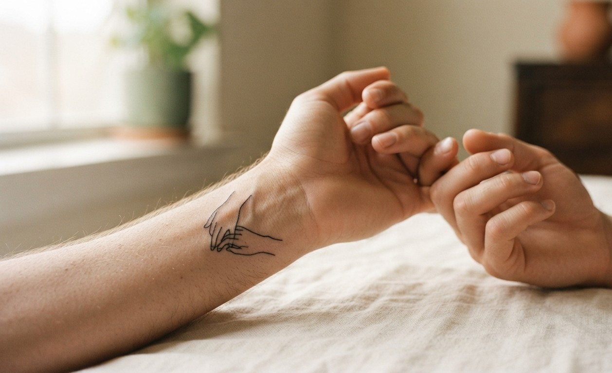 Healed minimal line tattoo of two hands holding on a wrist