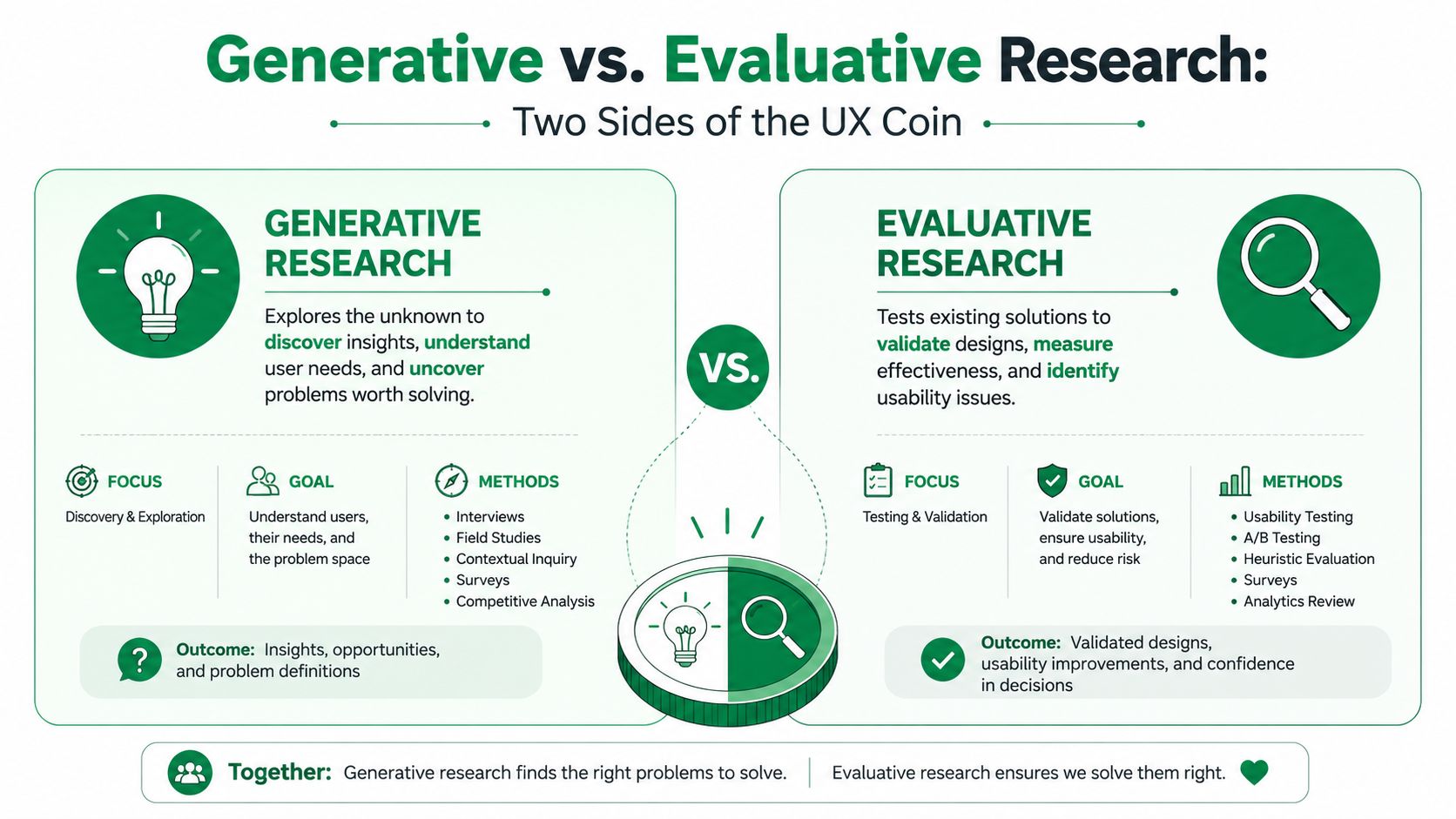 An infographic comparing generative research for problem discovery and evaluative research for design validation in UX.