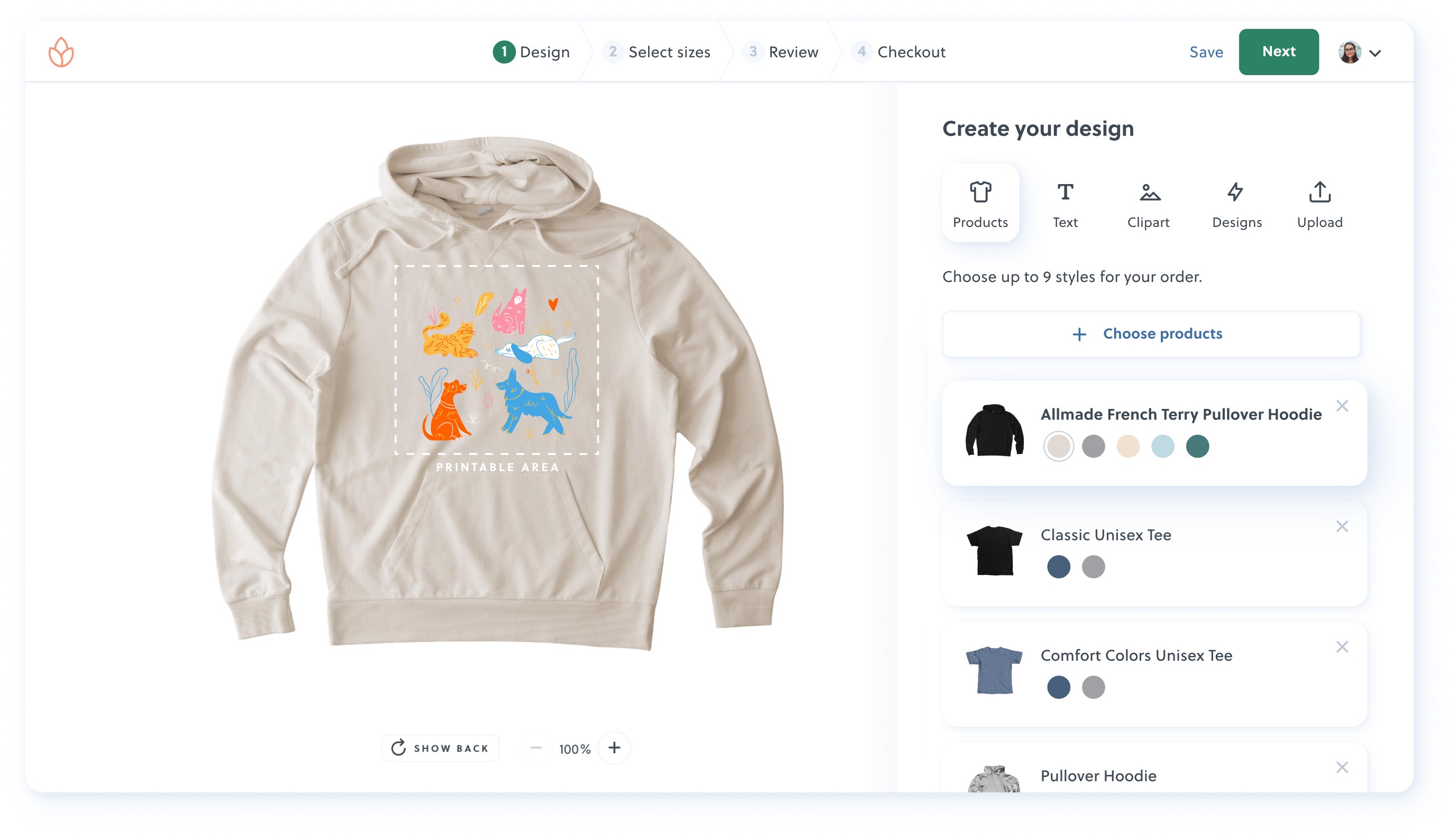Beige hoodie with colorful animal print design shown on a screen next to product customization options.