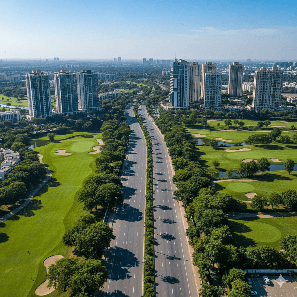 Aerial view of Golf Course Extension Road in Gurugram, near M3M Bliss Low Rise Floors, showing wide road, golf courses, and buildings