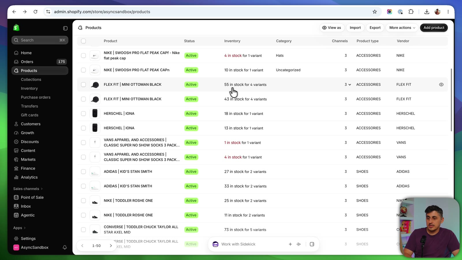 The same product duplicated in the Shopify products list with different inventory levels