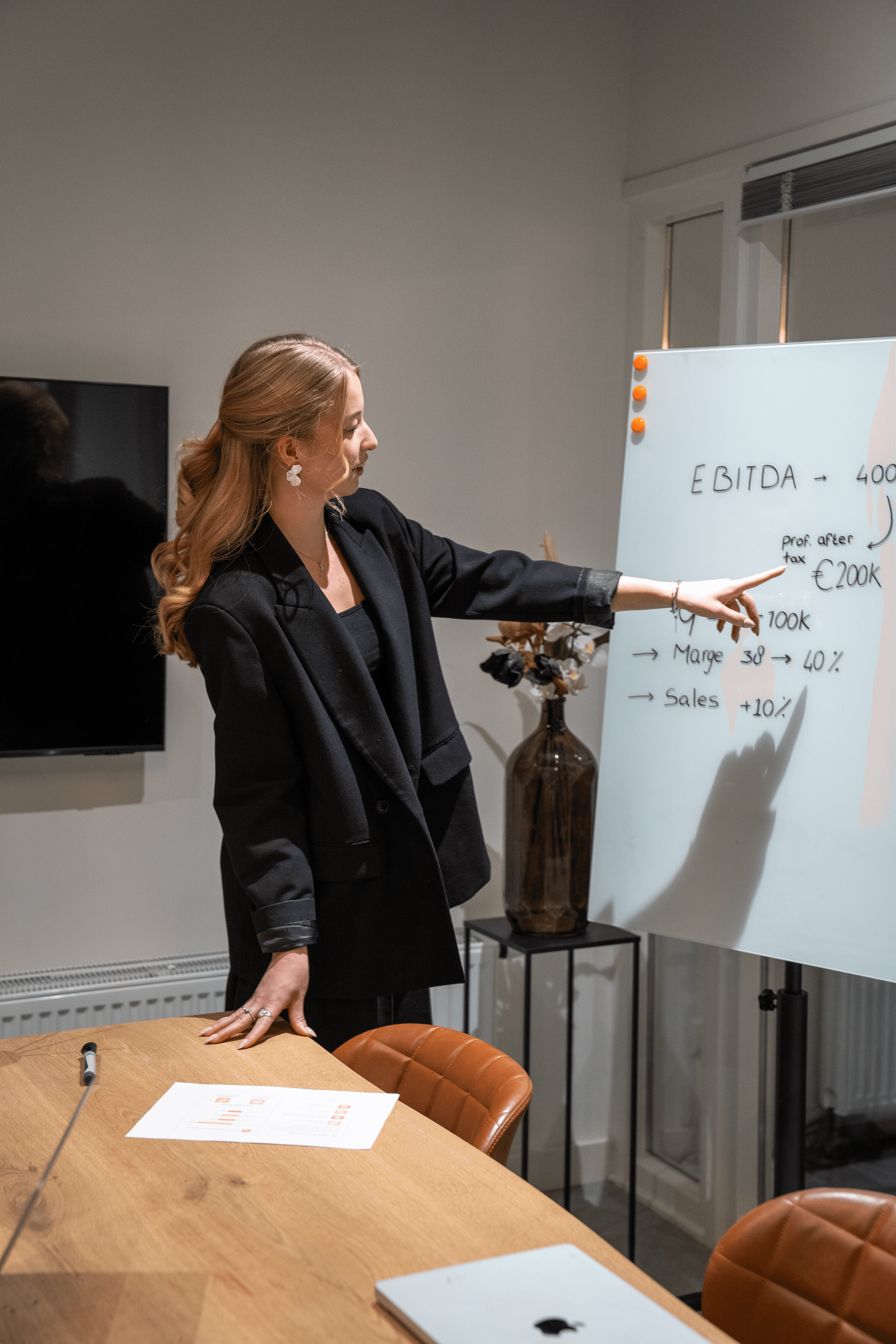 Consultant presenteert financiële strategie en KPI analyse op whiteboard