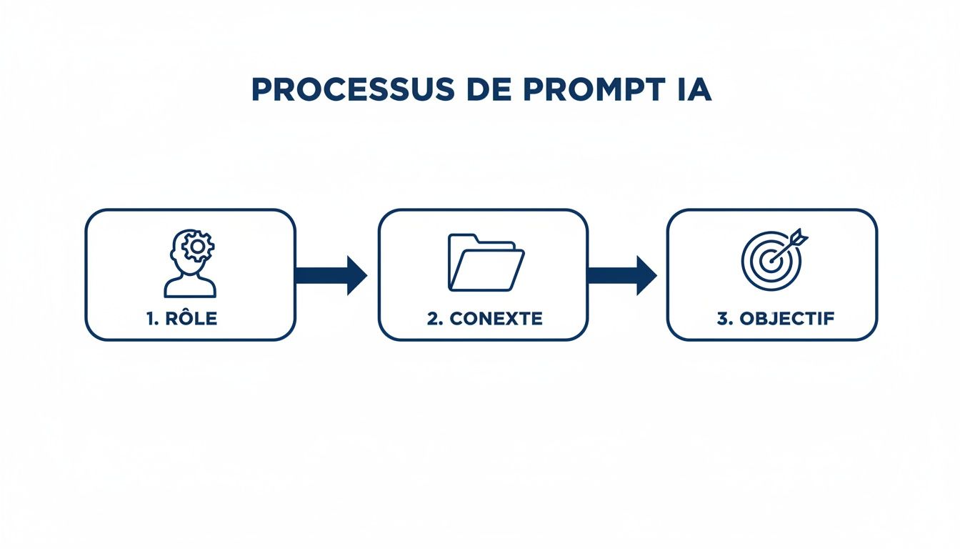 Diagramme illustrant le processus de prompt IA en trois étapes : rôle, contexte et objectif.