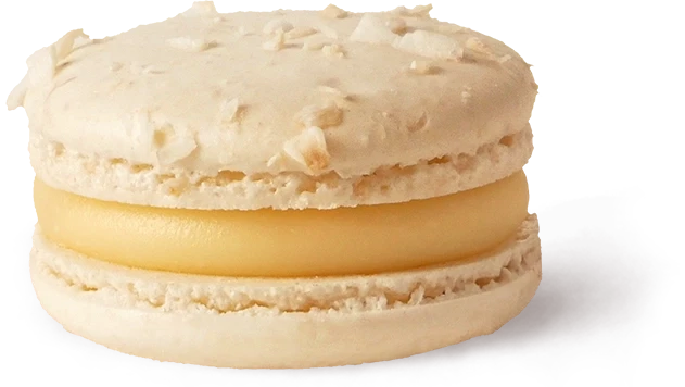 Fleur de Passion macaron with white chocolate ganache, passionfruit and coconut, and a passionfruit confit