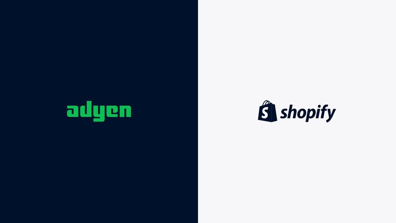 Adyen logo next to the Shopify logo on a split dark and light background
