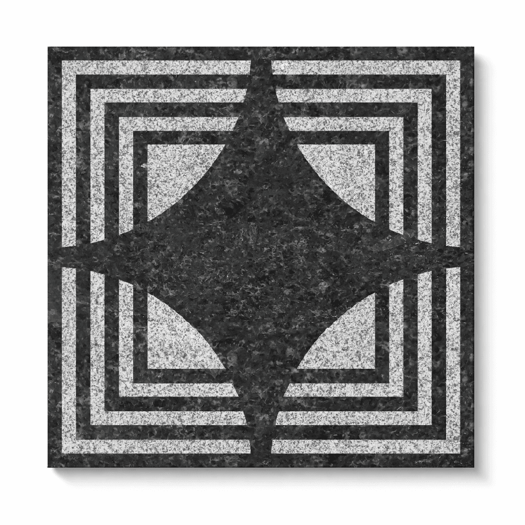Close-up of Zenith stone tile featuring layered square and central diamond geometric pattern with textured finish