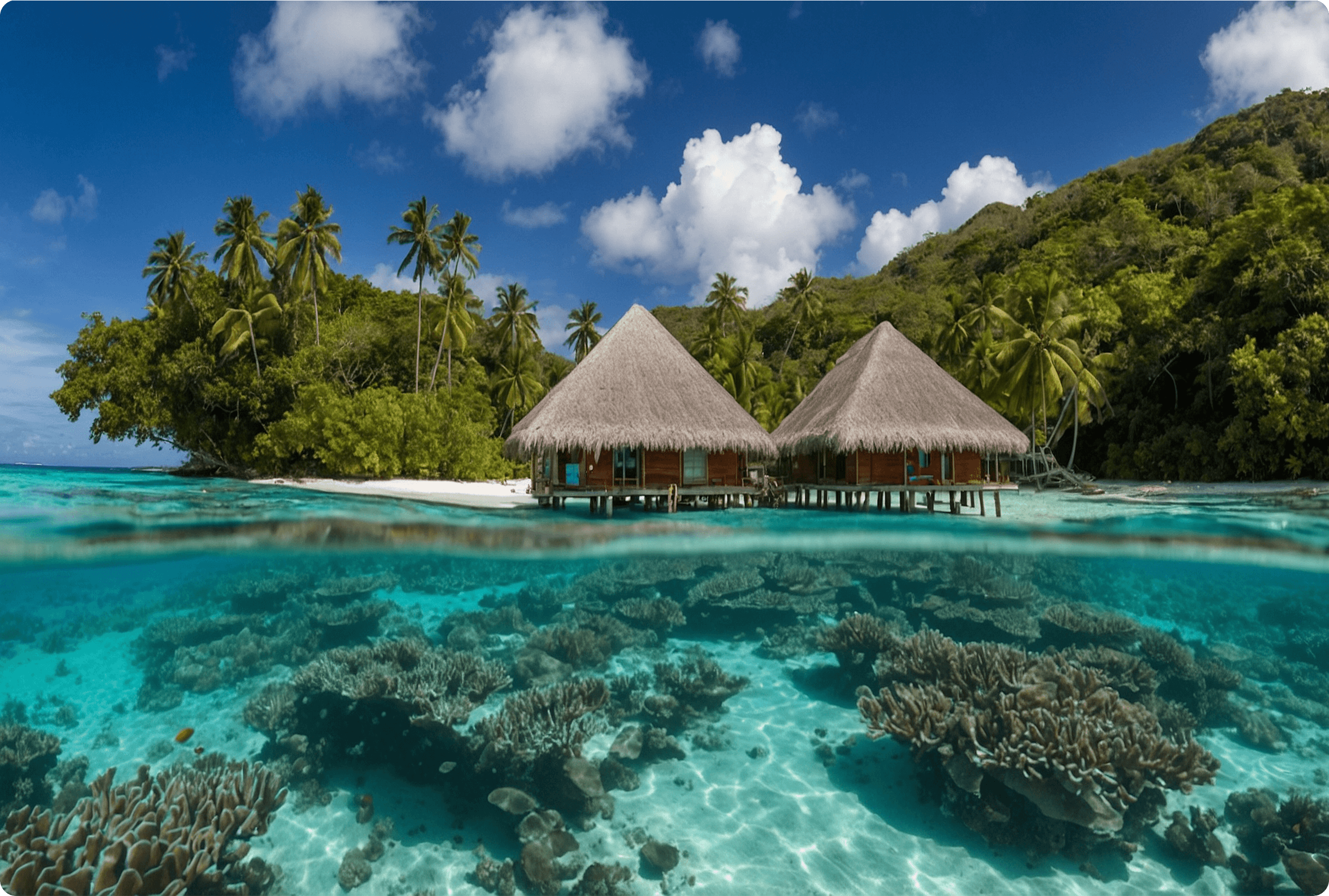 Overwater bungalows on a tropical turquoise lagoon with coral reef and palm trees.