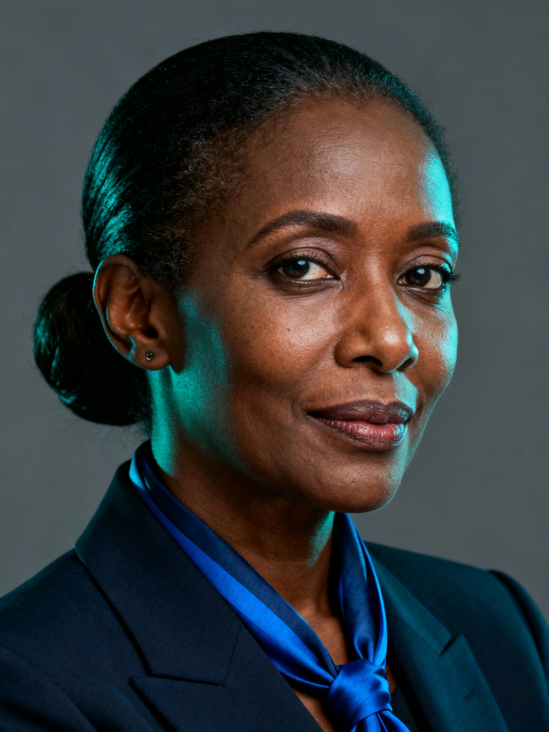 Professional portrait of a woman in a blue blazer and scarf, with a confident expression and a neutral gray background.