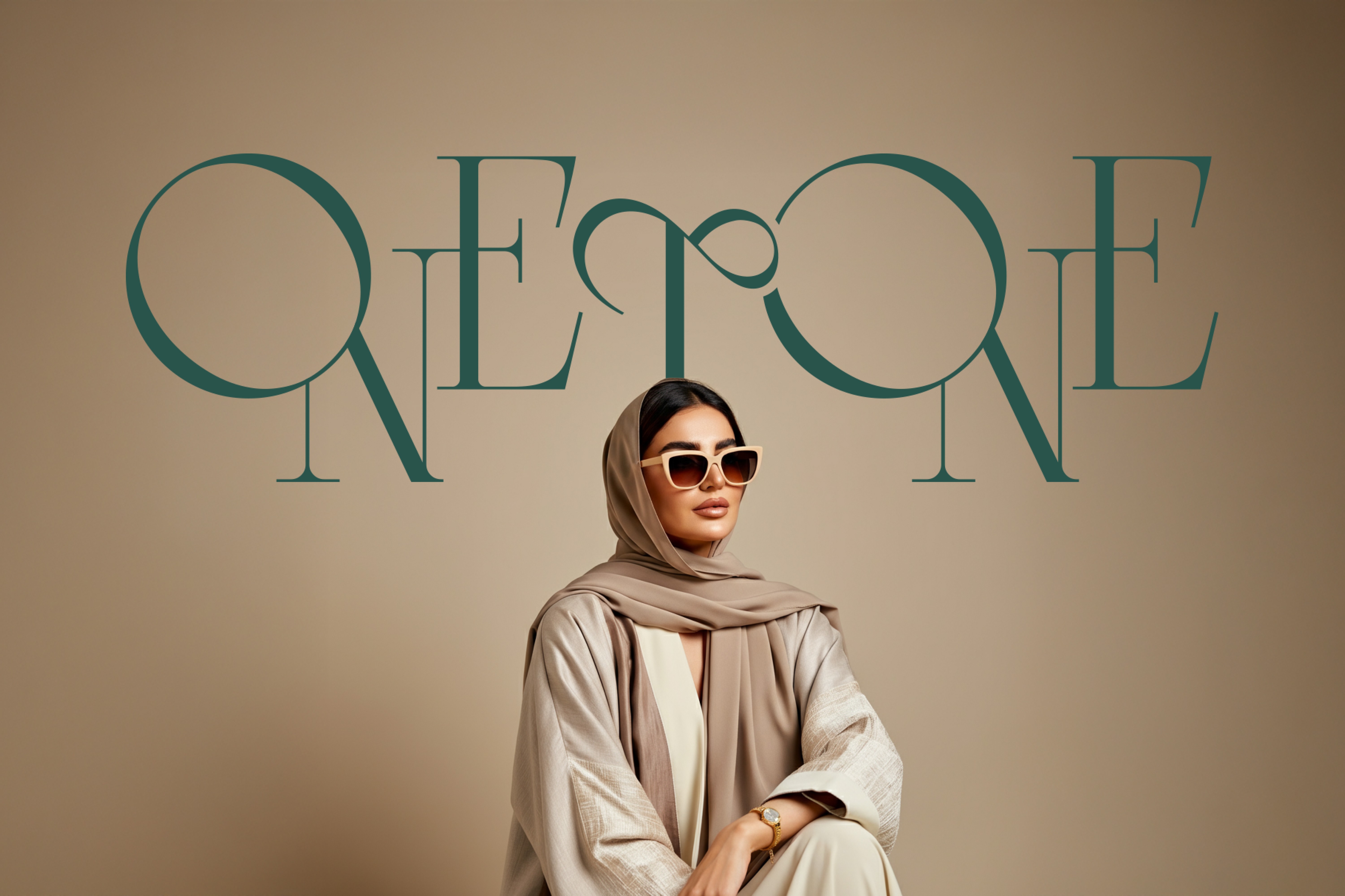 Refined Arabic-inspired logotype – Onetone’s custom brand typography behind a poised woman in a chic Abaya, capturing the fusion of culture and contemporary fashion.