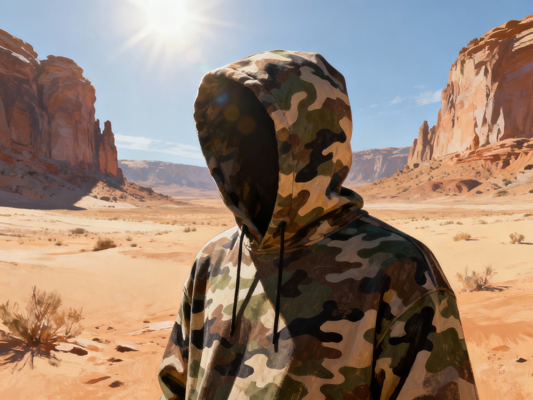 A fine-art illustration in a wide landscape format portraying a camo hoodie blending into a surreal