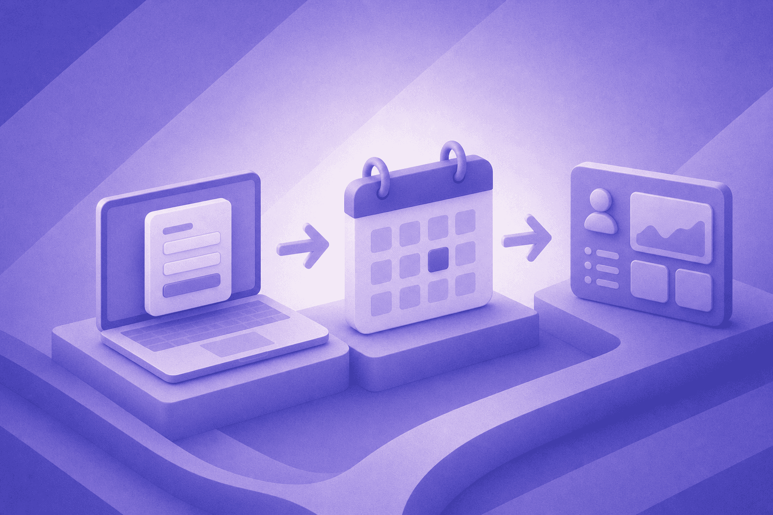 A clean B2B SaaS workflow diagram illustration showing an inbound lead conversion funnel: a web form on a laptop screen connecting via arrows to a calendar scheduling interface, then to a CRM dashboard, depicted as a smooth horizontal flow with modern flat design icons, blue and white color scheme, professional business aesthetic, no text or labels