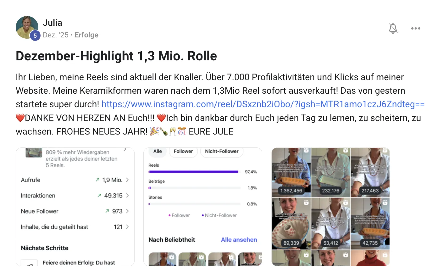 Erfolgsbericht KI Creator Akademie: Keramik-Creatorin Julia mit 1,3-Mio.-Reel und ausverkauften Produkten