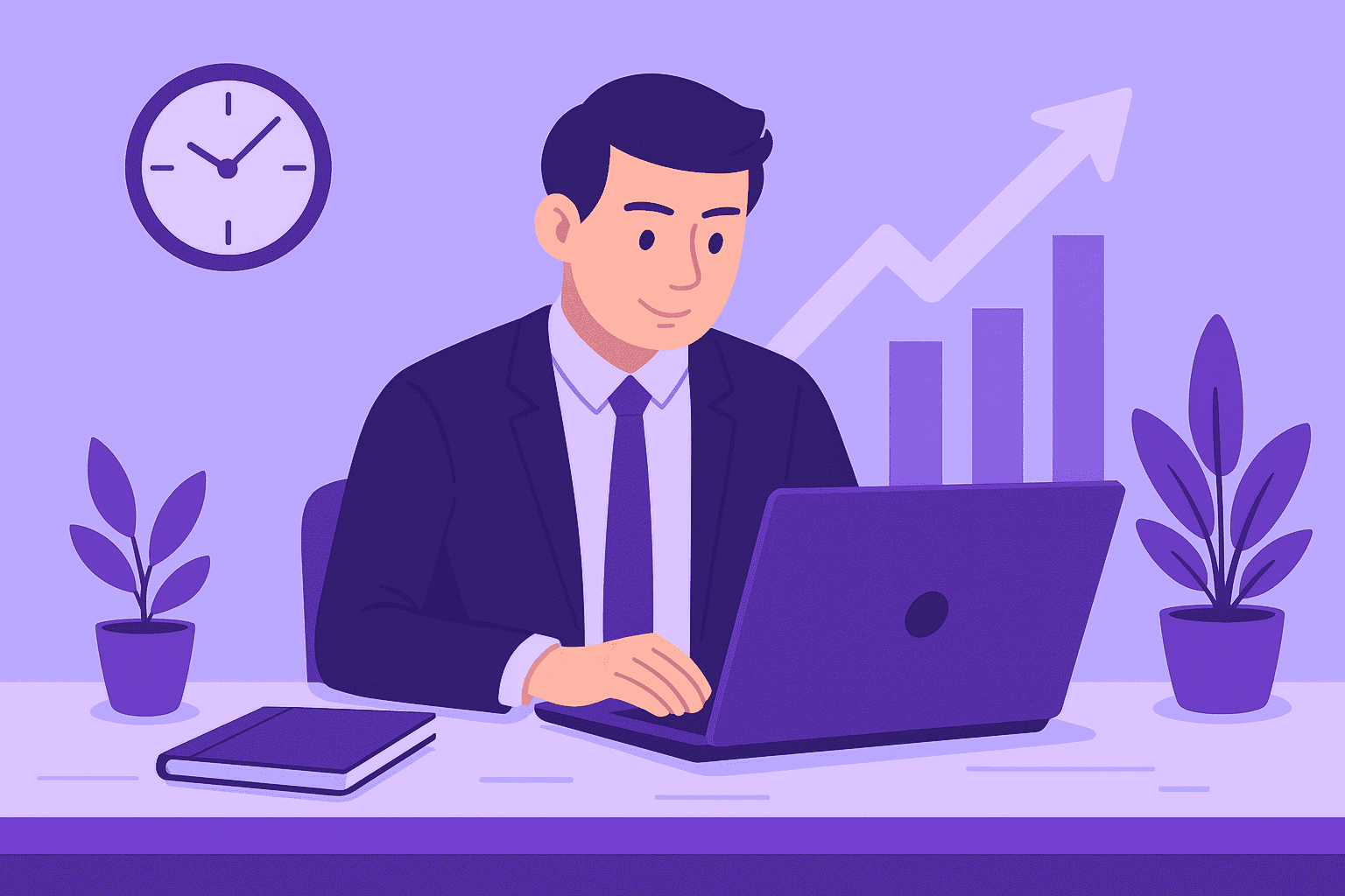 Flat-style digital illustration of a professional focusing at a desk with a laptop, while a glowing upward graph behind symbolizes progress, focus, and rising productivity.