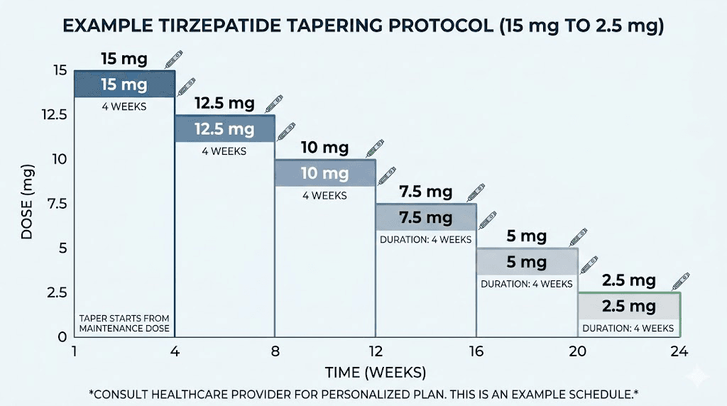 Tirzepatide tapering schedule showing gradual dose reduction protocol over time