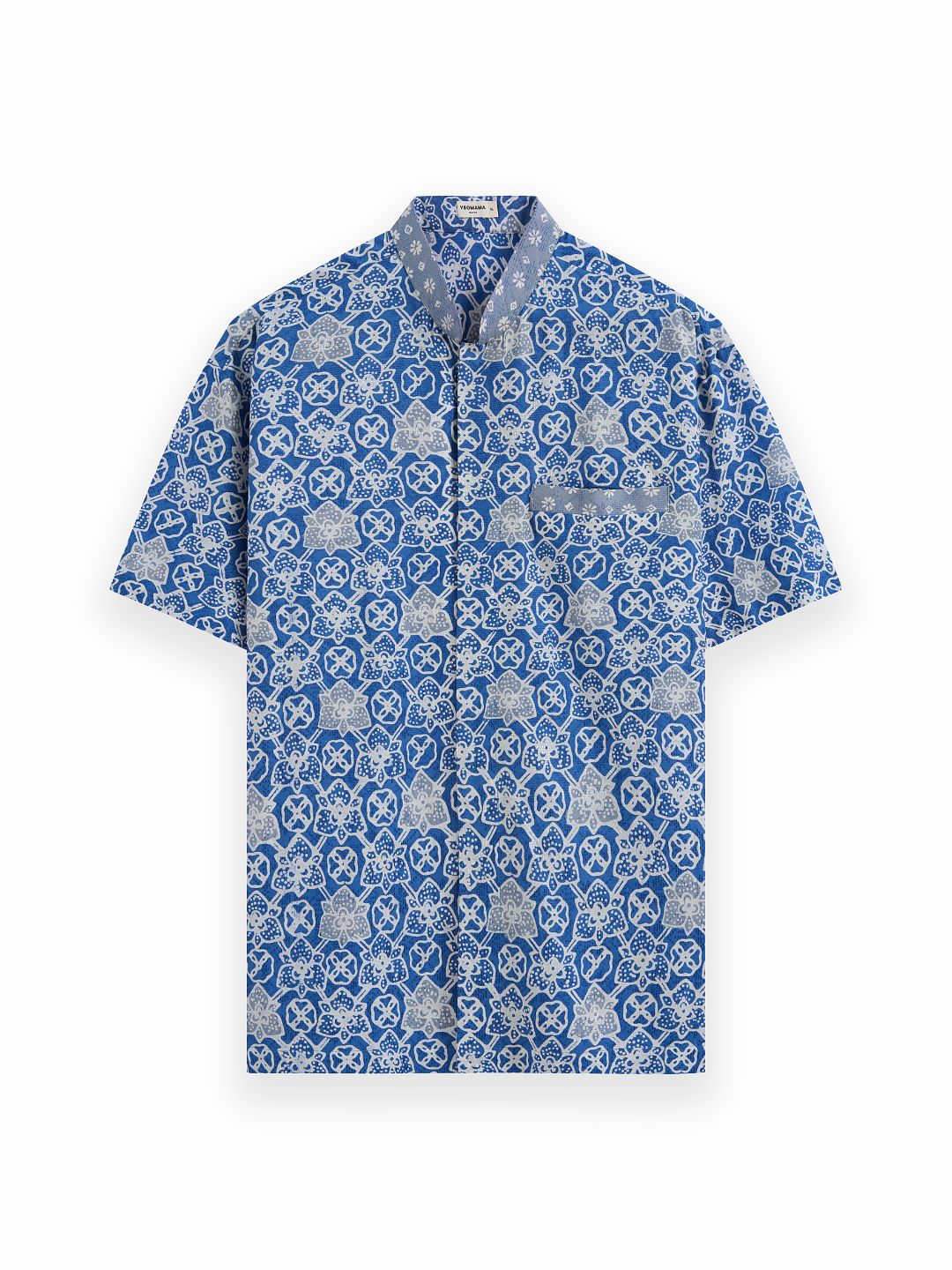 Photo of products from Yeomama® Batik, Mandarin Short Sleeve Shirt (Peranakan Petals - Blue), shot against a white background by JU Productions
