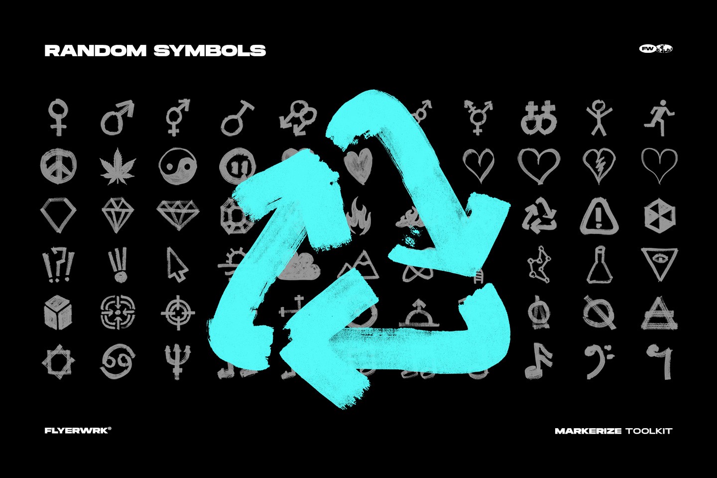 Markerize random symbols set including a large cyan marker recycle graphic and various doodle elements