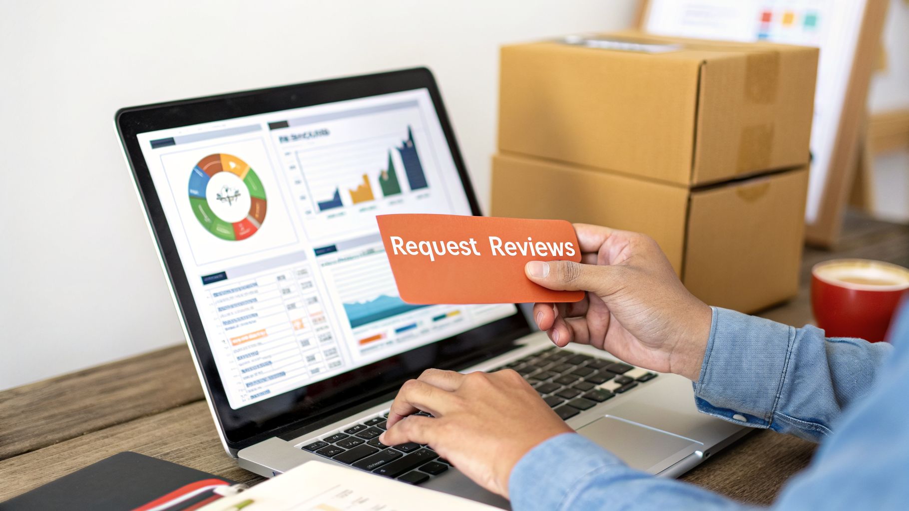 Hands typing on a laptop displaying sales data, holding a card that says 'Request Reviews' for online products.