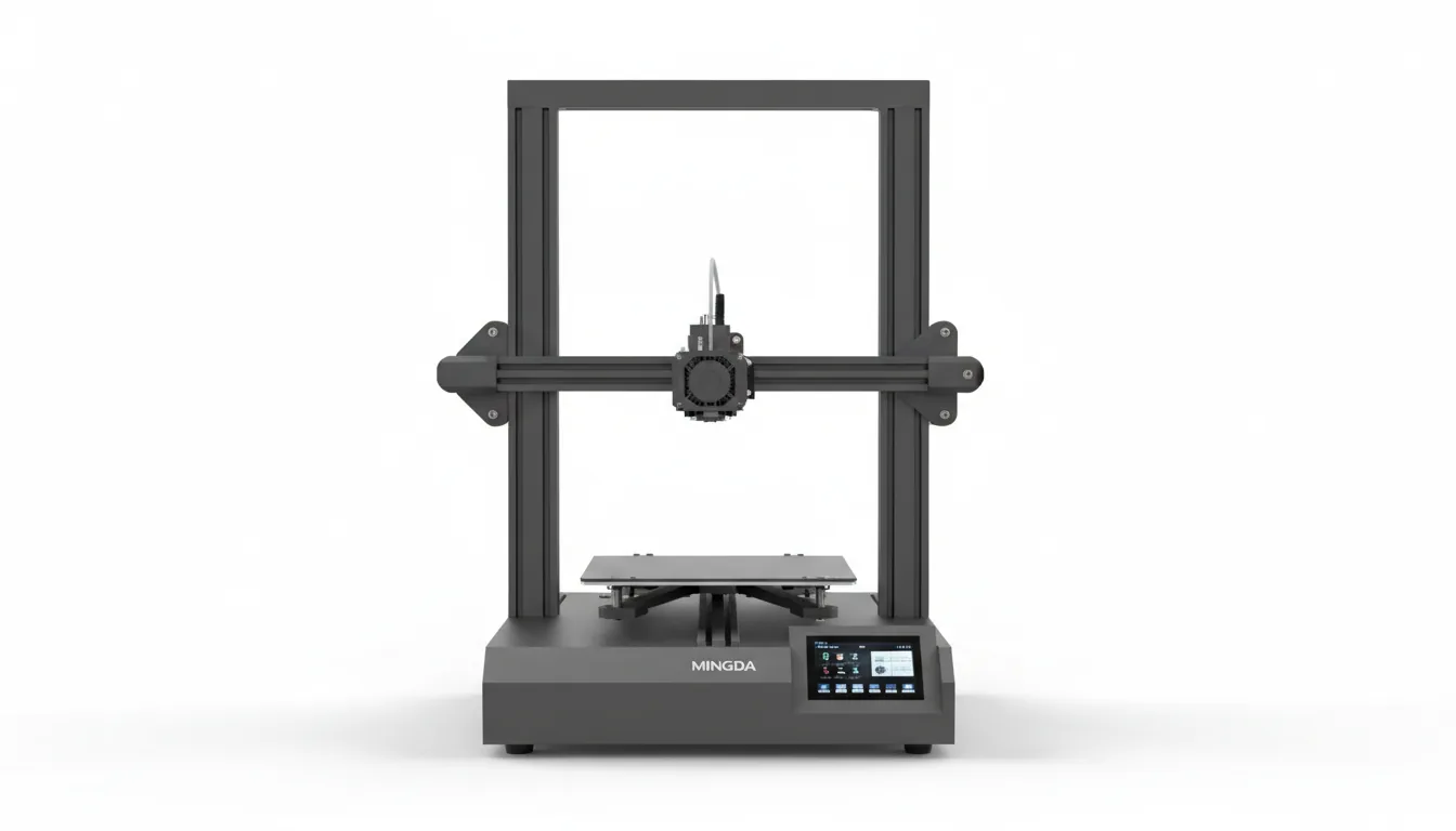 DSLR product photography of a modern, high-end MINGDA FDM 3D printer, centered against a seamless pure white studio background, front-facing eye-level view. The printer has a large, gantry-style frame made from matte charcoal gray aluminum. A compact extruder head is mounted on the horizontal cross-rail. The flat build plate sits on a sleek base which contains a small color touchscreen with UI elements. The entire machine is captured in sharp focus under soft studio lighting, creating clean lines and minimal shadows.