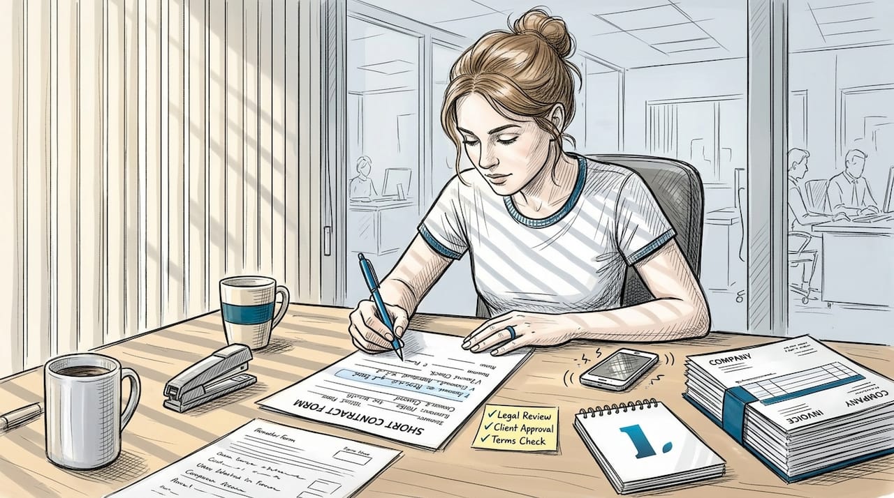 Businesswoman filling contract form at office desk