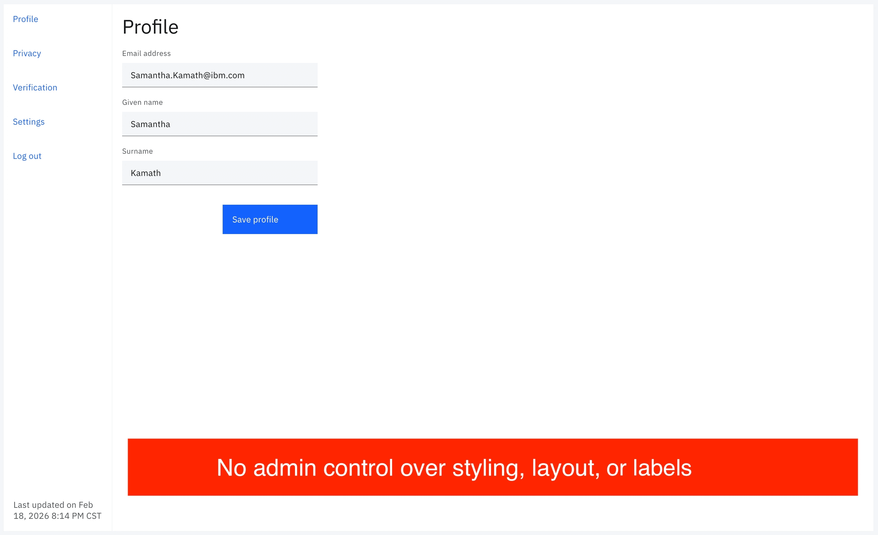 Static user profile with no control over styling, layout, or labels