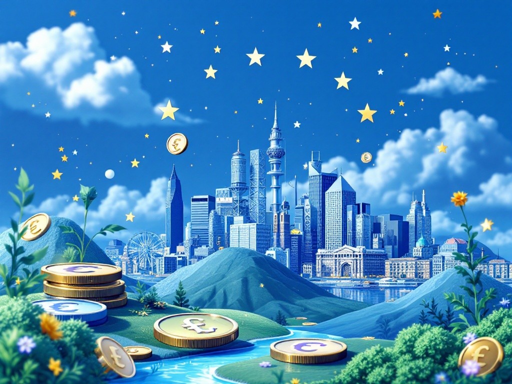 A cityscape with gold coins and stars