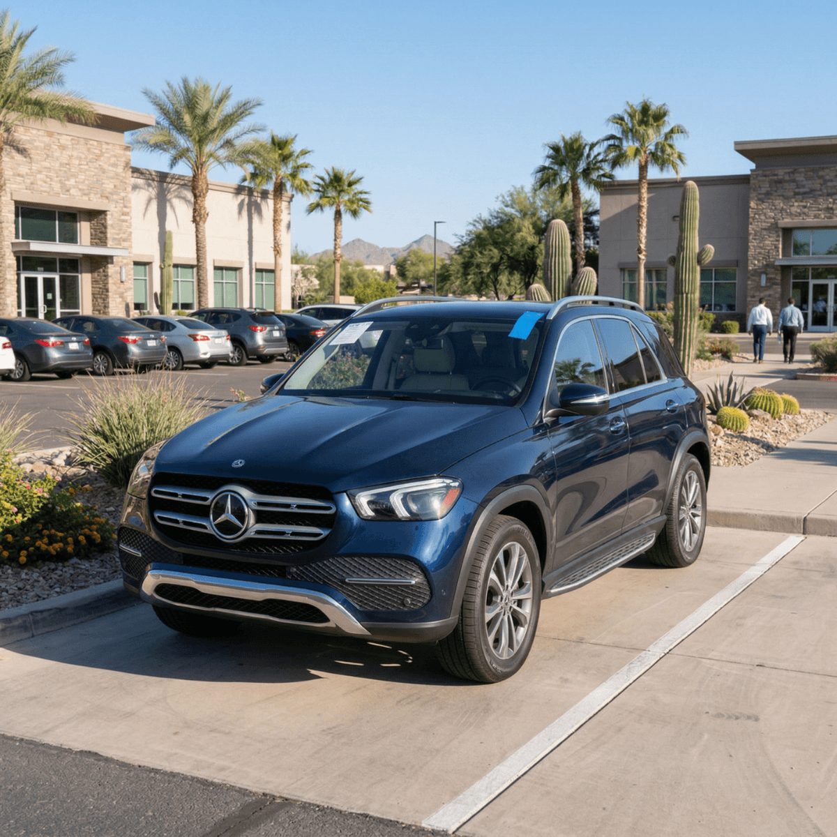 Dark blue Mercedes-Benz GLE captured after a complete windshield replacement near a Florence shopping center