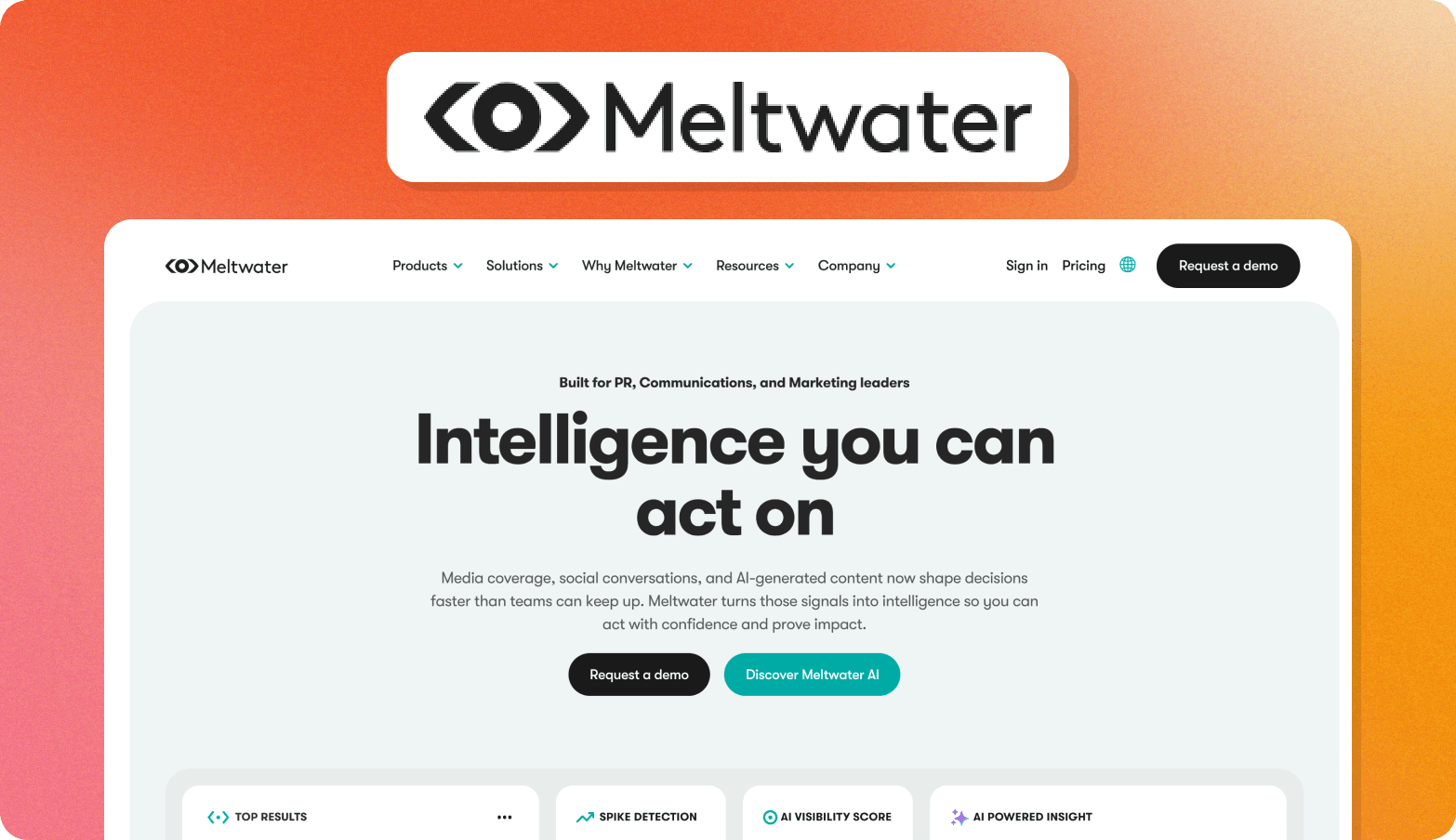 Meltwater homepage with the headline "Intelligence you can act on," built for PR, Communications, and Marketing leaders, with feature cards for Top Results, Spike Detection, AI Visibility Score, and AI Powered Insight.