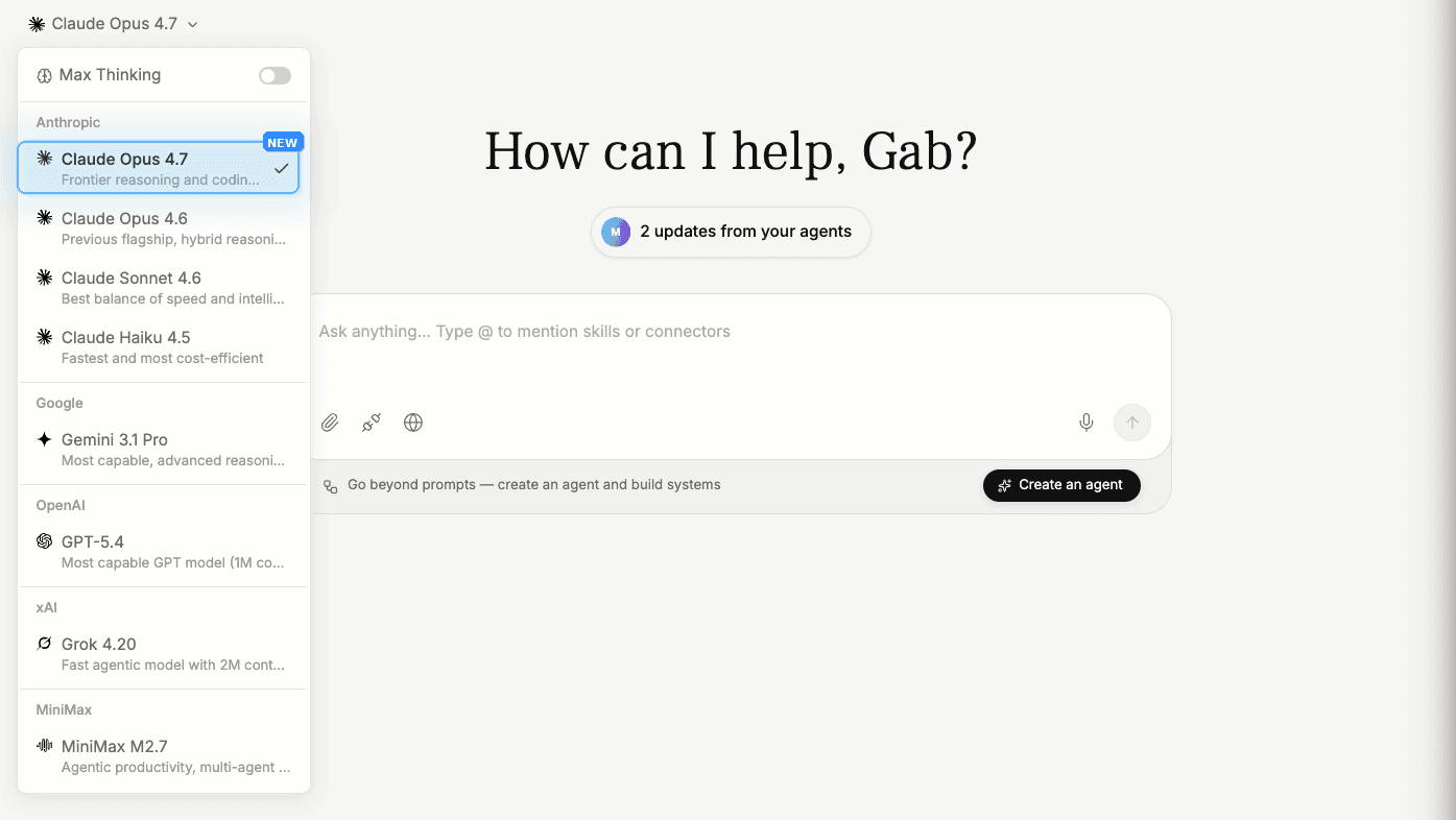 Selecting Claude Opus 4.7 in the CREAO model picker