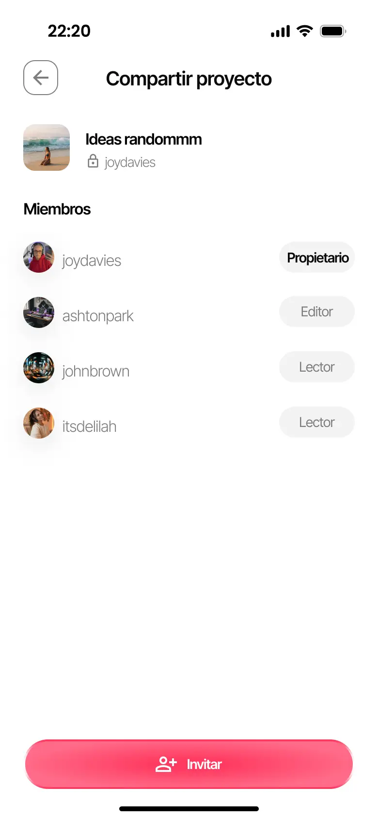 Pantalla para compartir un proyecto musical con otros artistas en Zoundroom