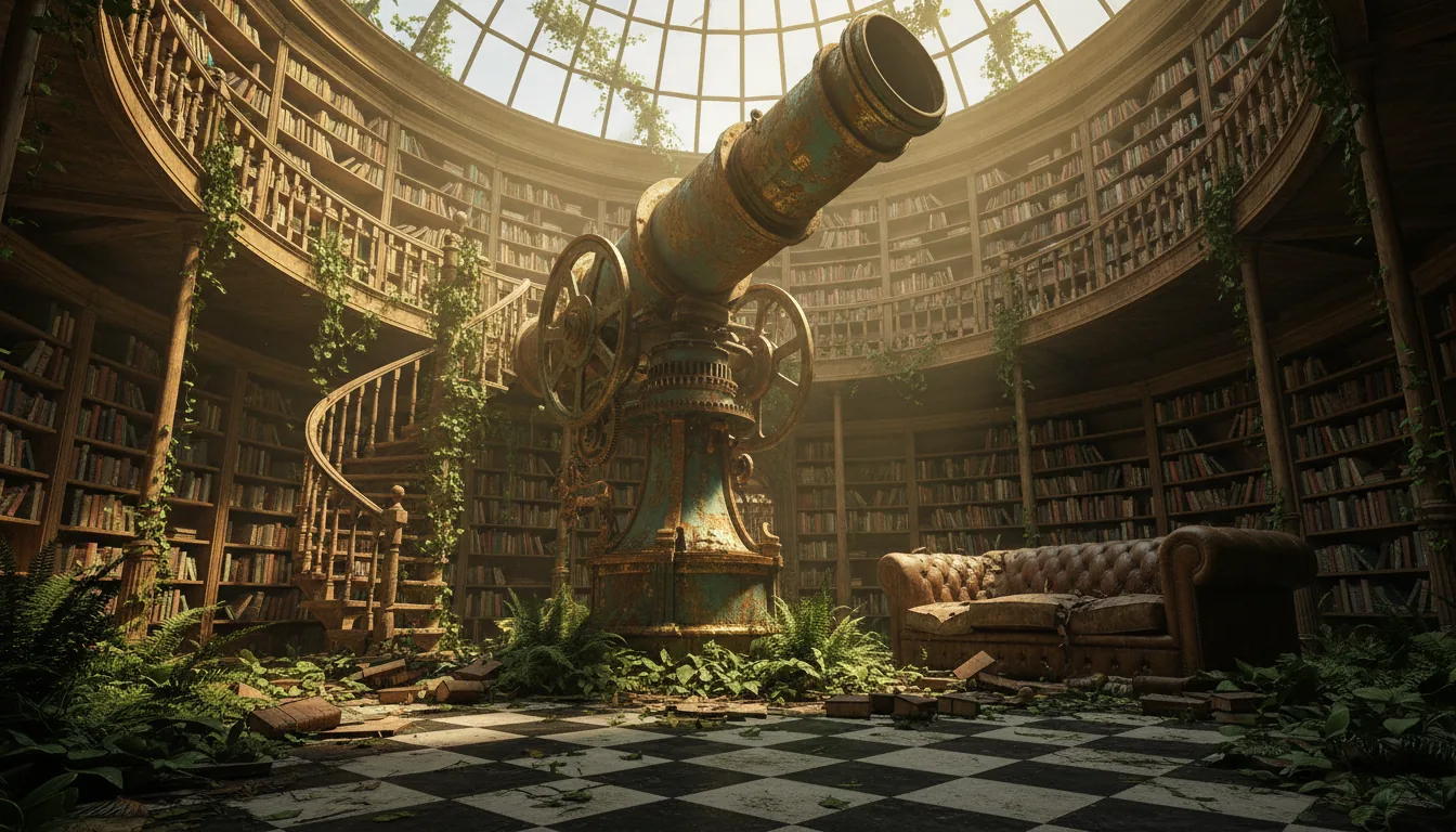 A photorealistic 3D render of a grand, abandoned observatory library being reclaimed by nature. The scene is a low-angle, wide shot looking up at a massive, intricate steampunk telescope made of rusted, patinated brass, which serves as the central focus. The two-story circular room is overgrown with lush green ferns and climbing ivy, with plants covering a spiral staircase, bookshelves, and a decaying chesterfield sofa. Sunlight streams through a broken domed glass ceiling, creating dramatic volumetric god rays that illuminate dust particles floating in the air. The room features a second-story mezzanine with wooden balustrades, and the walls are lined with floor-to-ceiling bookshelves filled with old books. The floor is made of cracked and dirty black-and-white checkerboard tiles. The overall style is hyperdetailed environmental art with a cinematic, moody contrast, evoking an Unreal Engine aesthetic.