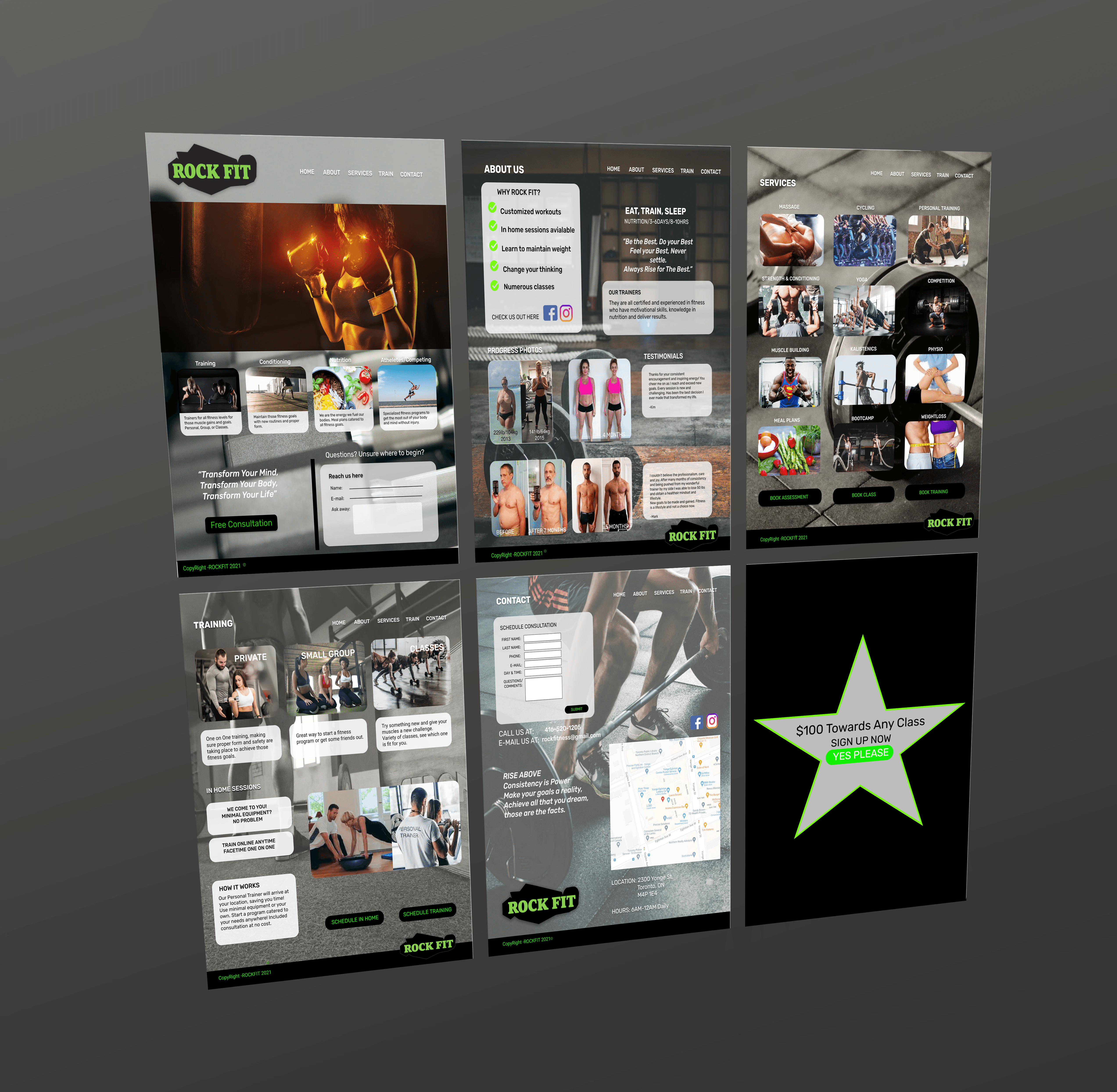 Rock Fitness gym website prototype showing five pages: home, about, services, training, contact, with interactive pop-up deal highlighted in a star, designed for responsive web and mobile usability