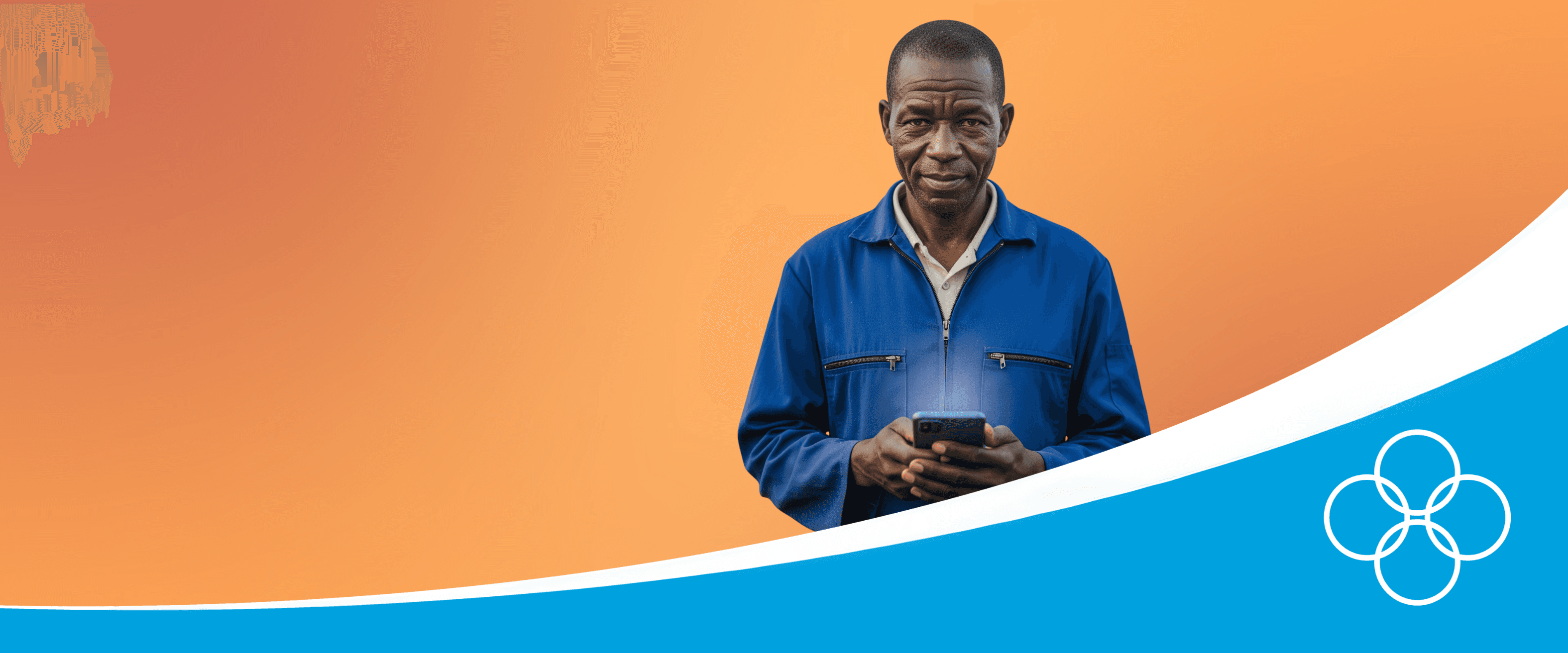 African poultry farmer in a blue overall, holding a phone