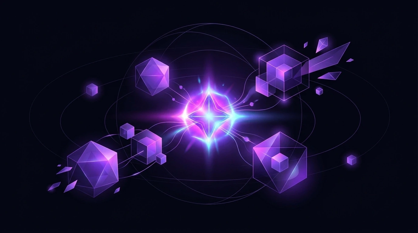 Cinematic abstract AI education ecosystem with a glowing violet and magenta intelligence core on a deep black background.
