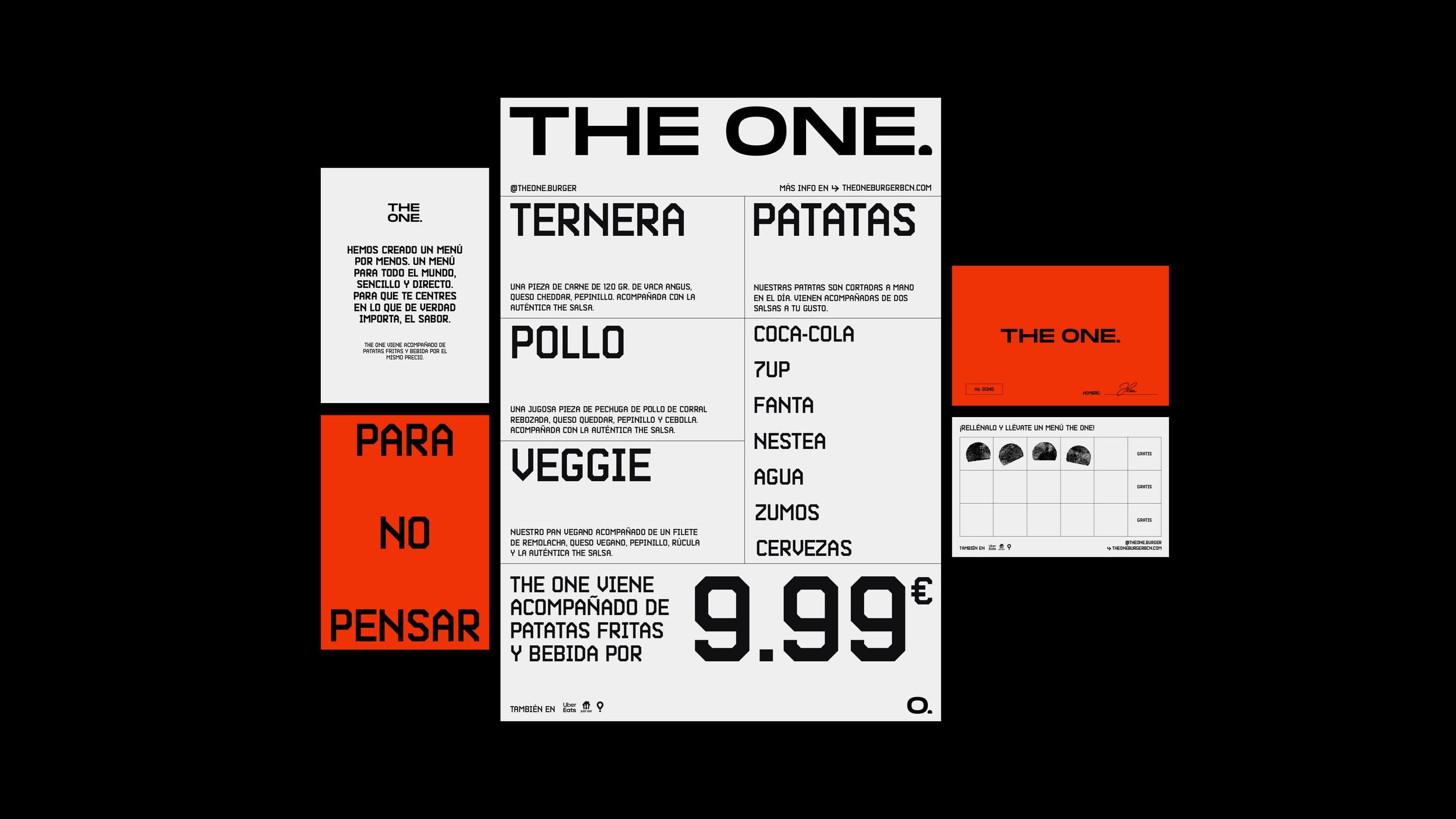 TheOne menu, promotional flyer, and membership card.